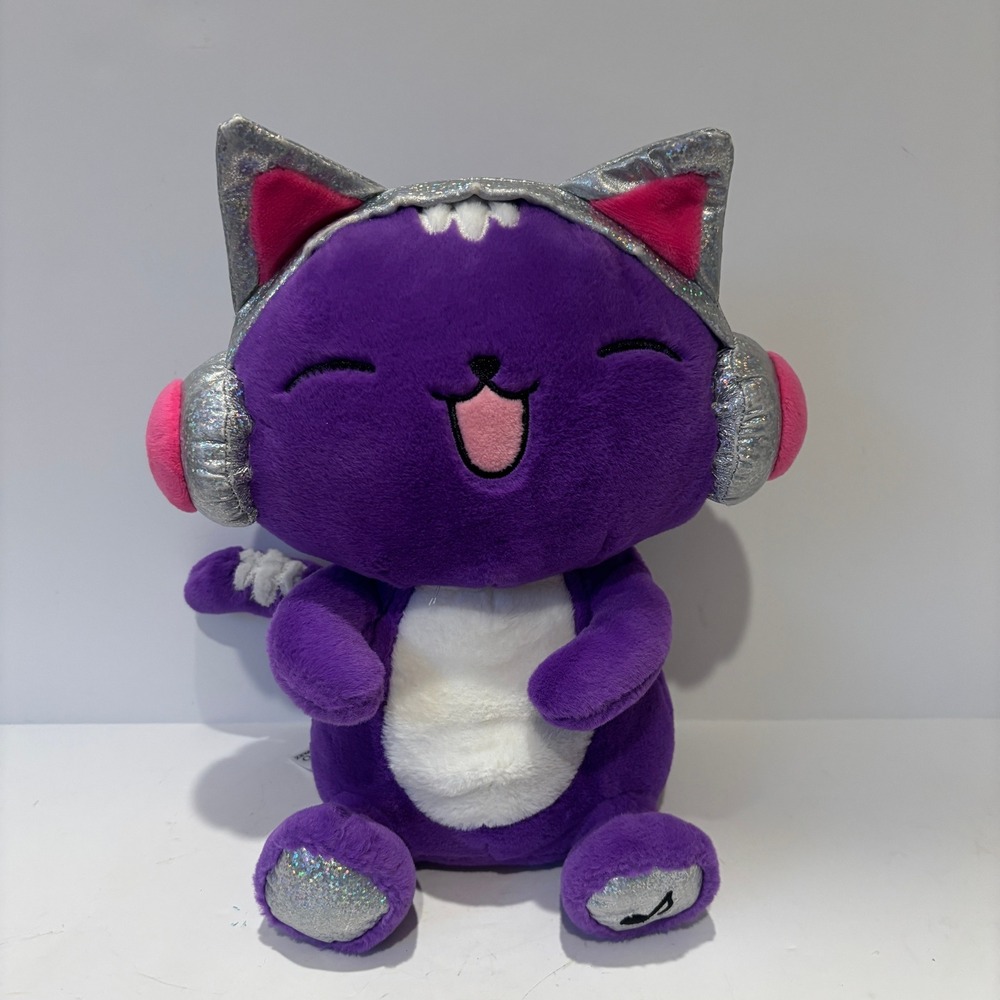 FAO Schwarz DJ Cat Plush Purple Silver Headphones Stuffed Animal Toy 10 inch